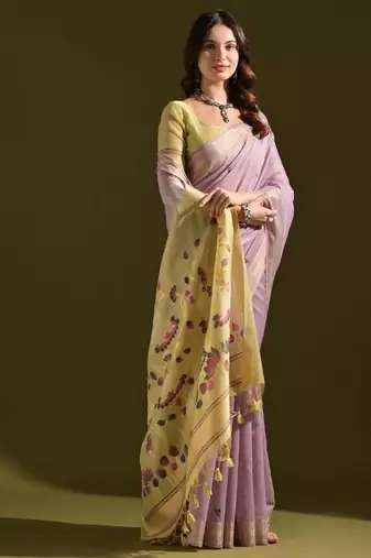 Levender color muga cotton colorfull resham weaving saree