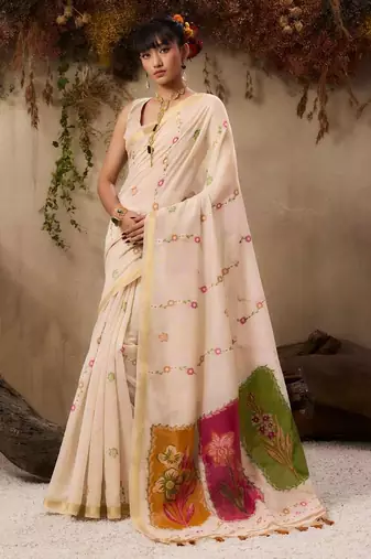 Off-white & orange color muga cotton colorfull resham weaving saree