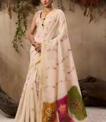 Off-white & orange muga cotton full resham weaving saree