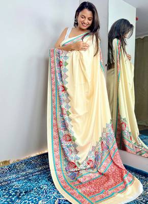 Off white original japan satin saree with digital print blouse 1