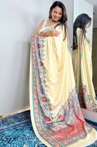 Off white original japan devsena satin saree japan satin digital print blouse