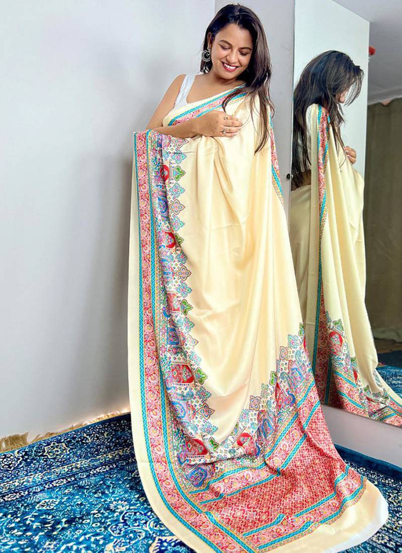 Off white original japan devsena satin saree japan satin digital print blouse
