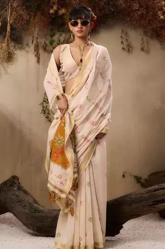 Off-white & orange color muga cotton colorfull resham weaving saree