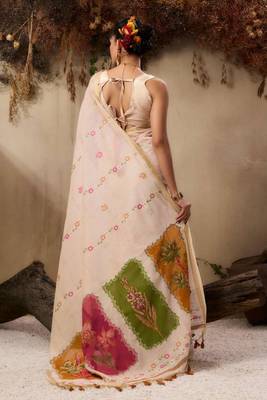 Off-white & orange muga cotton full resham weaving saree 3