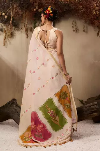 Off-white & orange color muga cotton colorfull resham weaving saree