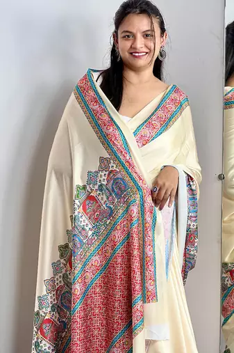 Off white original japan satin saree with digital print blouse