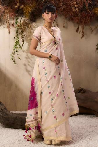 Off-white & pink color muga cotton colorfull resham weaving saree