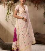Off-white & pink color muga cotton colorfull resham weaving saree
