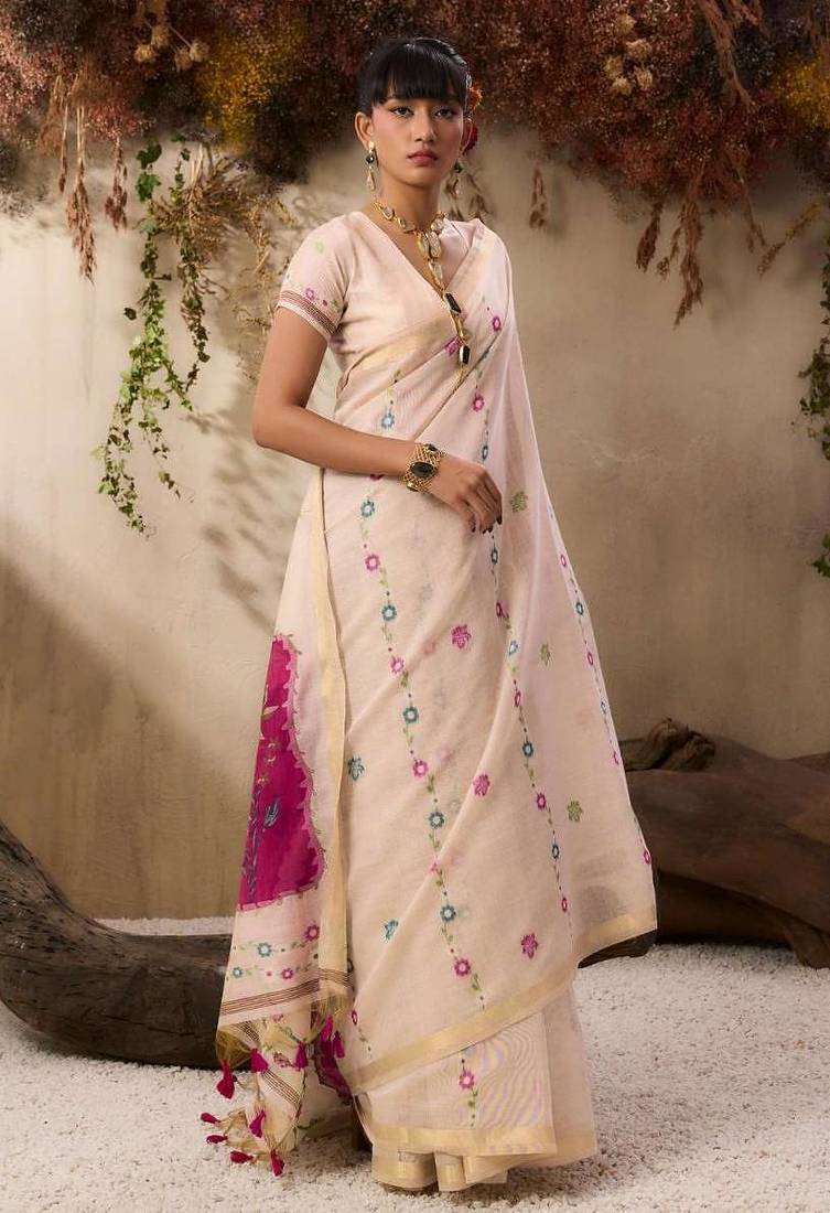 Off-white & pink color muga cotton colorfull resham weaving saree