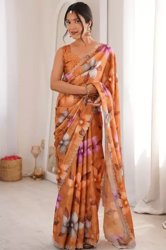 rust silk blend digital printed saree with swarovski diamond work & blouse piece