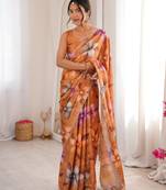 rust silk blend digital printed saree with swarovski diamond work & blouse piece