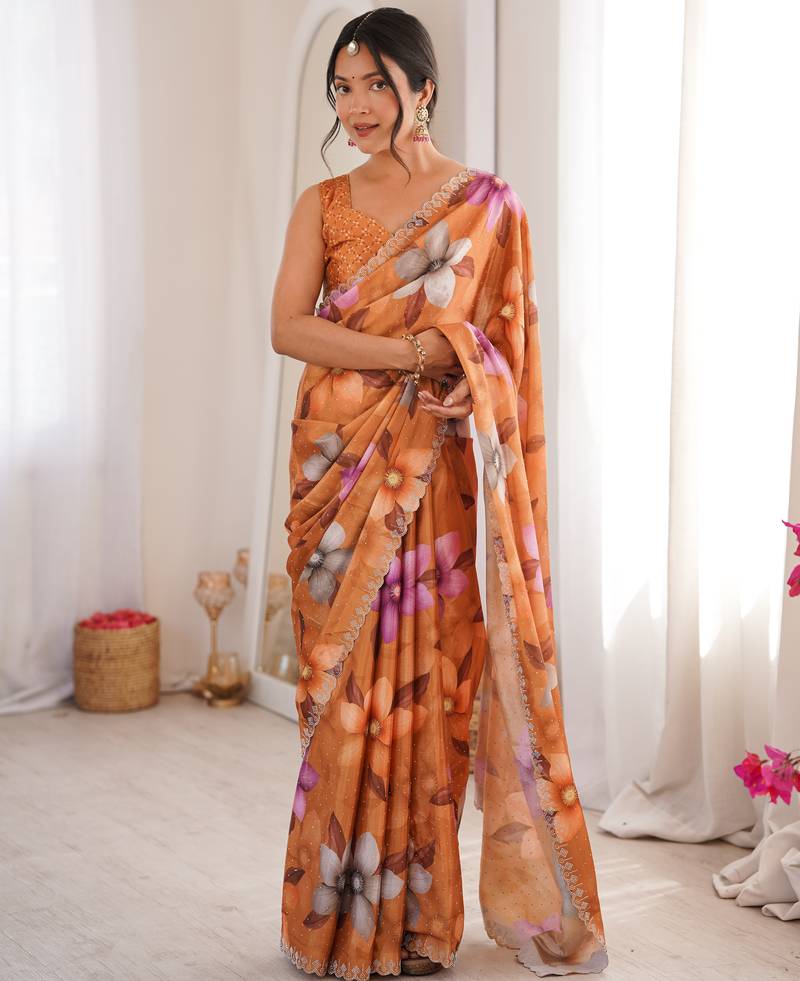 rust silk blend digital printed saree with swarovski diamond work & blouse piece