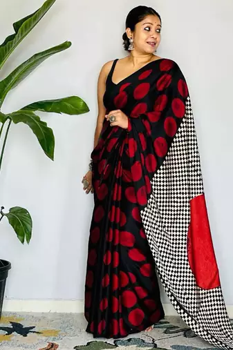 Black original japan devsena satin saree japan satin digital print blouse