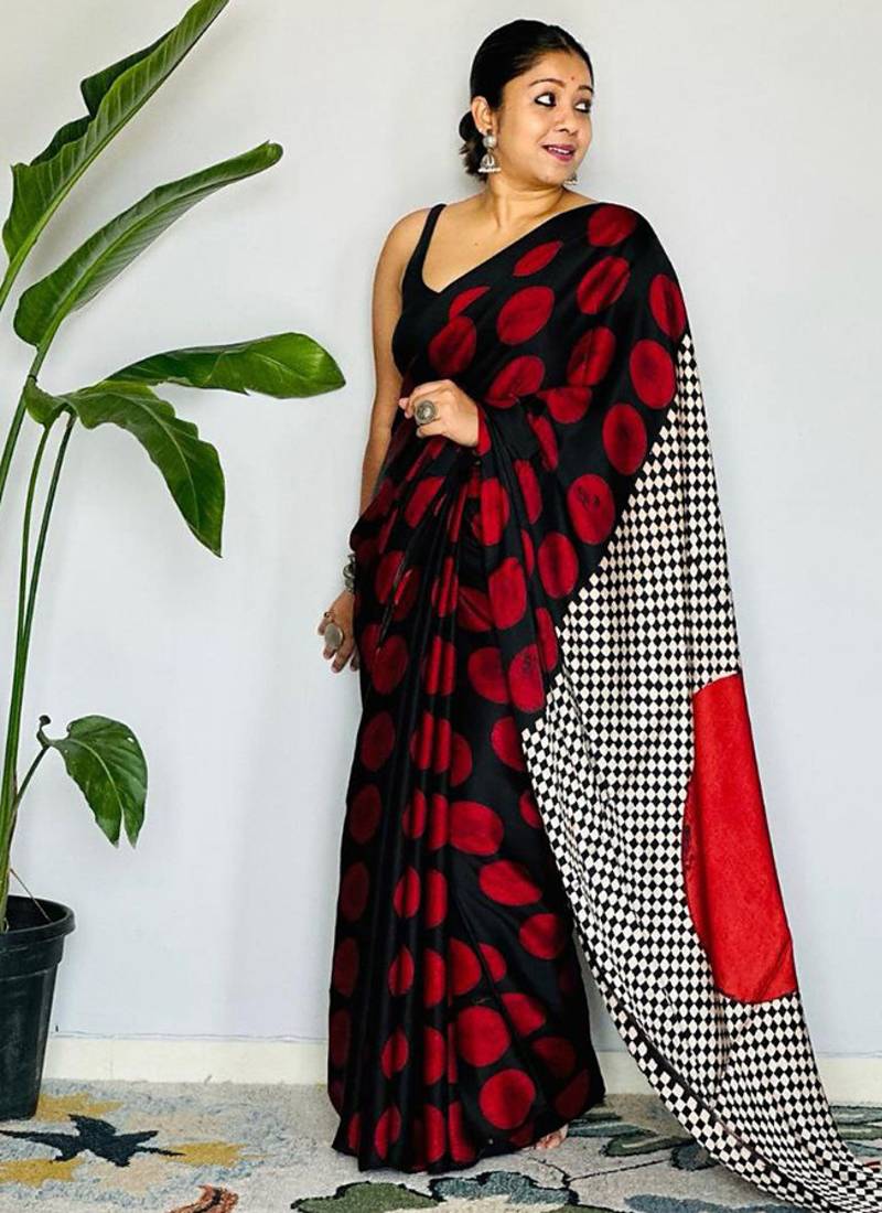 Black original japan devsena satin saree japan satin digital print blouse