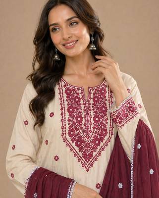 Elegant off-white embroidered kurta set with brown dupatta for women 3