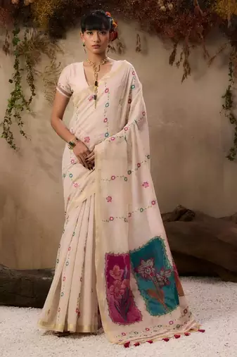 Off-white & pink color muga cotton colorfull resham weaving saree