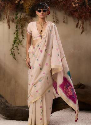 Off-white & pink color muga cotton colorfull resham weaving saree 3