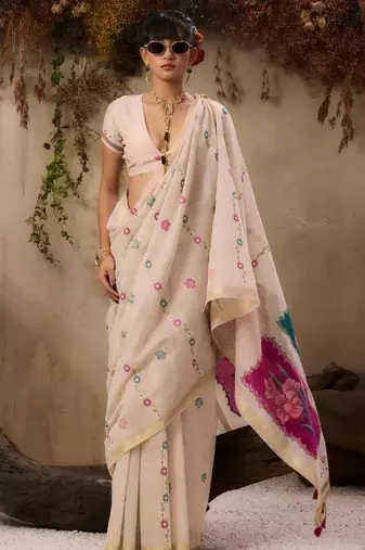 Off-white & pink color muga cotton colorfull resham weaving saree