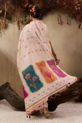 Off-white & pink color muga cotton colorfull resham weaving saree 4