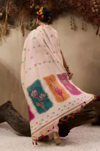 Off-white & pink color muga cotton colorfull resham weaving saree