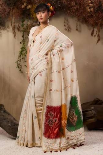 Off-white & red color muga cotton colorfull resham weaving saree