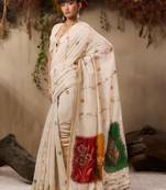 Off-white & red color muga cotton colorfull resham weaving saree