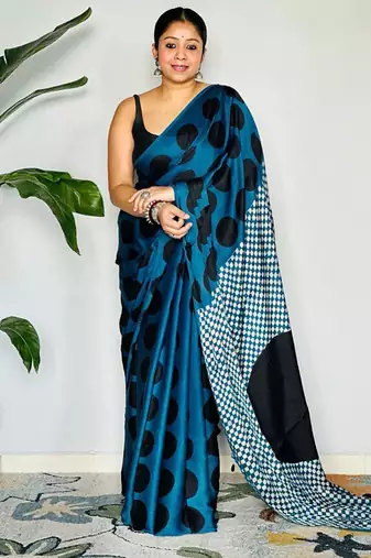 Aqua blue original japan devsena satin saree japan satin digital print blouse