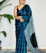 Aqua blue original japan devsena satin saree japan satin digital print blouse
