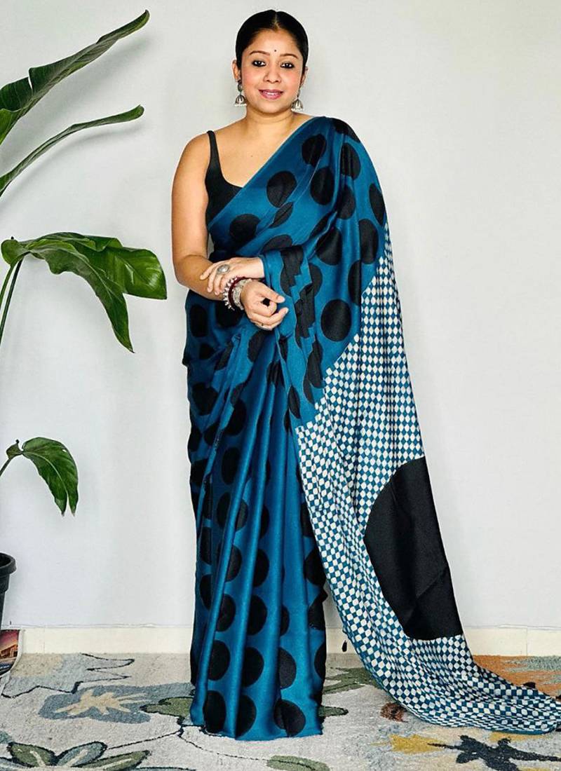 Aqua blue original japan devsena satin saree japan satin digital print blouse