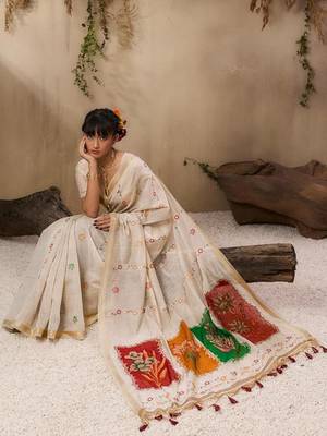 Off-white & red color muga cotton colorfull resham weaving saree 2
