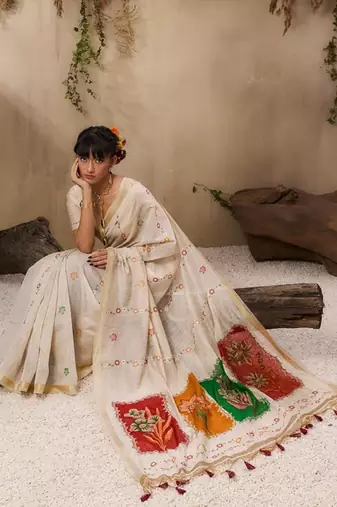 Off-white & red color muga cotton colorfull resham weaving saree