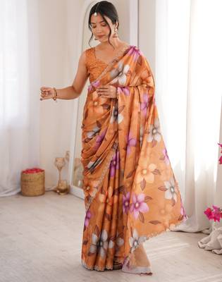 rust silk blend digital printed saree with swarovski diamond work & blouse piece 3