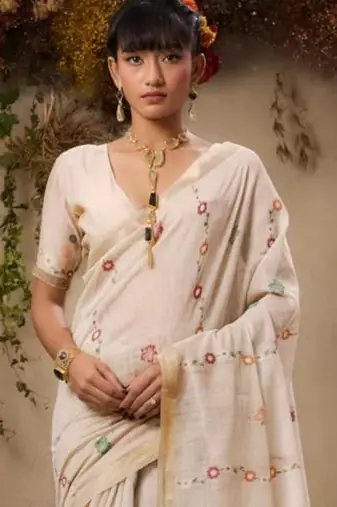 Off-white & red color muga cotton colorfull resham weaving saree