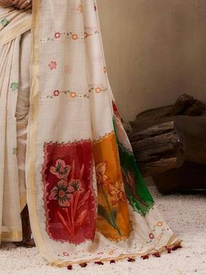 Off-white & red color muga cotton colorfull resham weaving saree 4