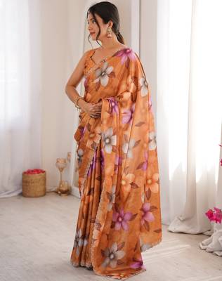 rust silk blend digital printed saree with swarovski diamond work & blouse piece 4