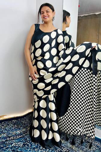 Black original japan devsena satin saree japan satin digital print blouse