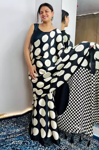 Black original japan devsena satin saree japan satin digital print blouse