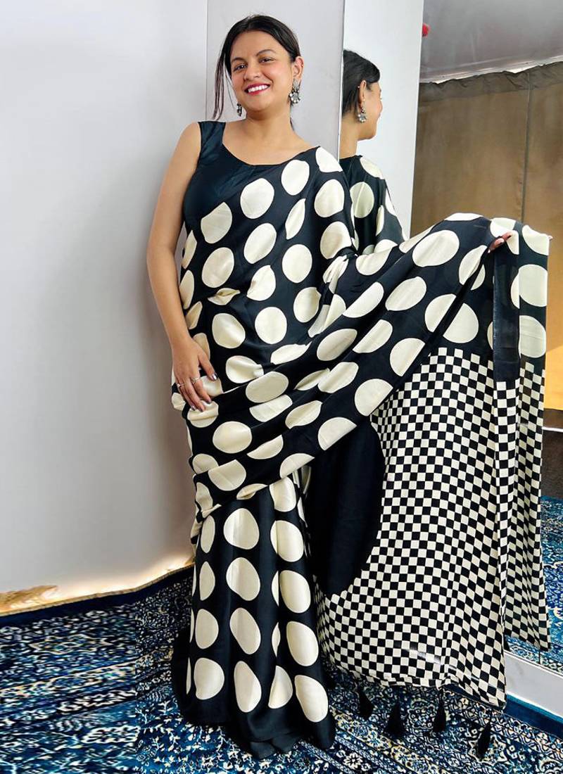 Black original japan devsena satin saree japan satin digital print blouse