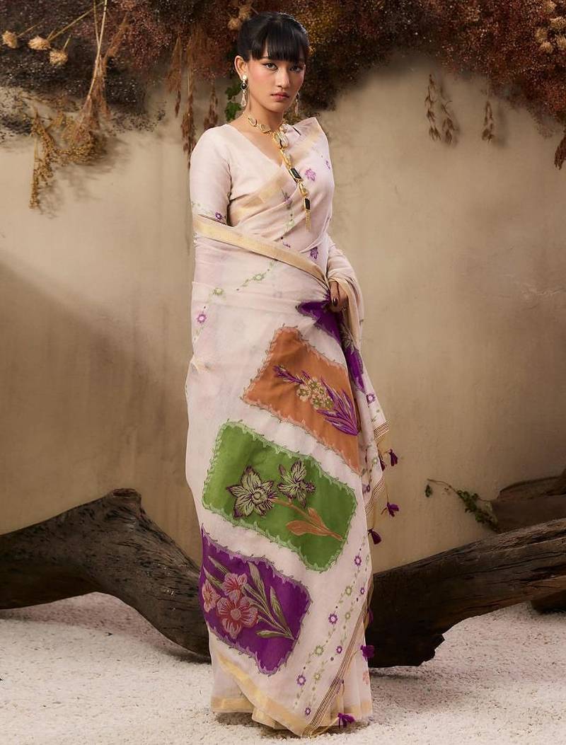 Off-white & wine color muga cotton colorfull resham weaving saree
