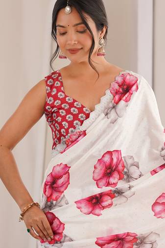 white silk blend digital printed saree with swarovski diamond work & blouse piece