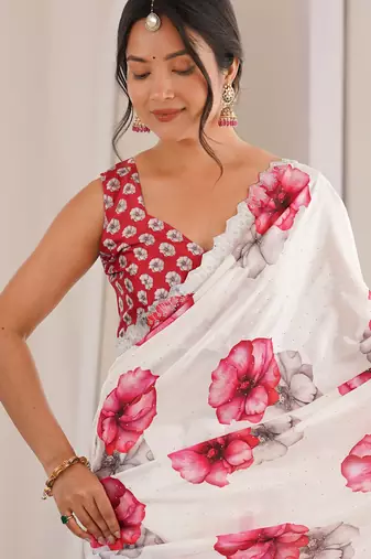 white silk blend digital printed saree with swarovski diamond work & blouse piece