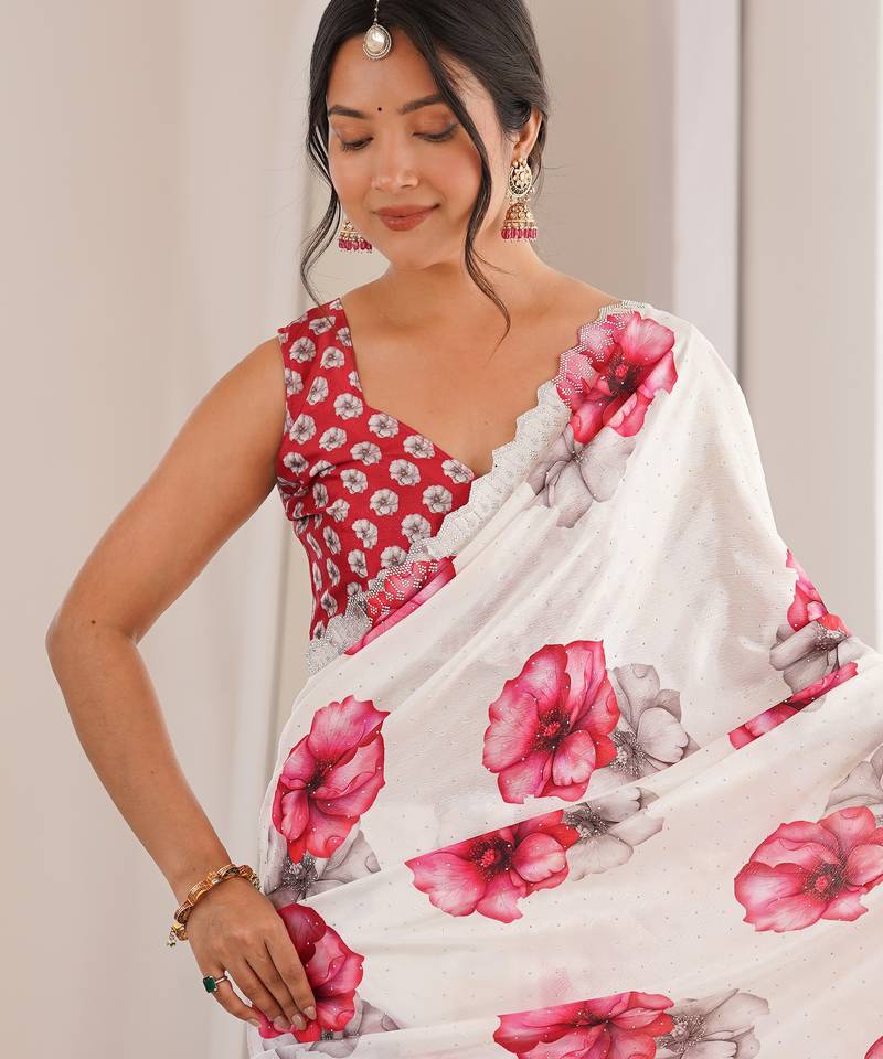 white silk blend digital printed saree with swarovski diamond work & blouse piece