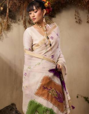 Off-white & wine color muga cotton colorfull resham weaving saree 4