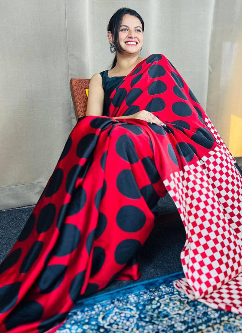 Red original japan devsena satin saree japan satin digital print blouse