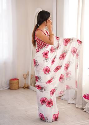 white silk blend digital printed saree with swarovski diamond work & blouse piece 2