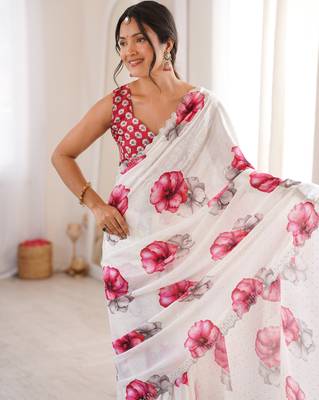 white silk blend digital printed saree with swarovski diamond work & blouse piece 3