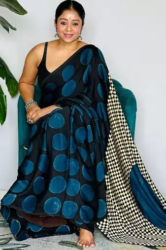 Black original japan devsena satin saree japan satin digital print blouse