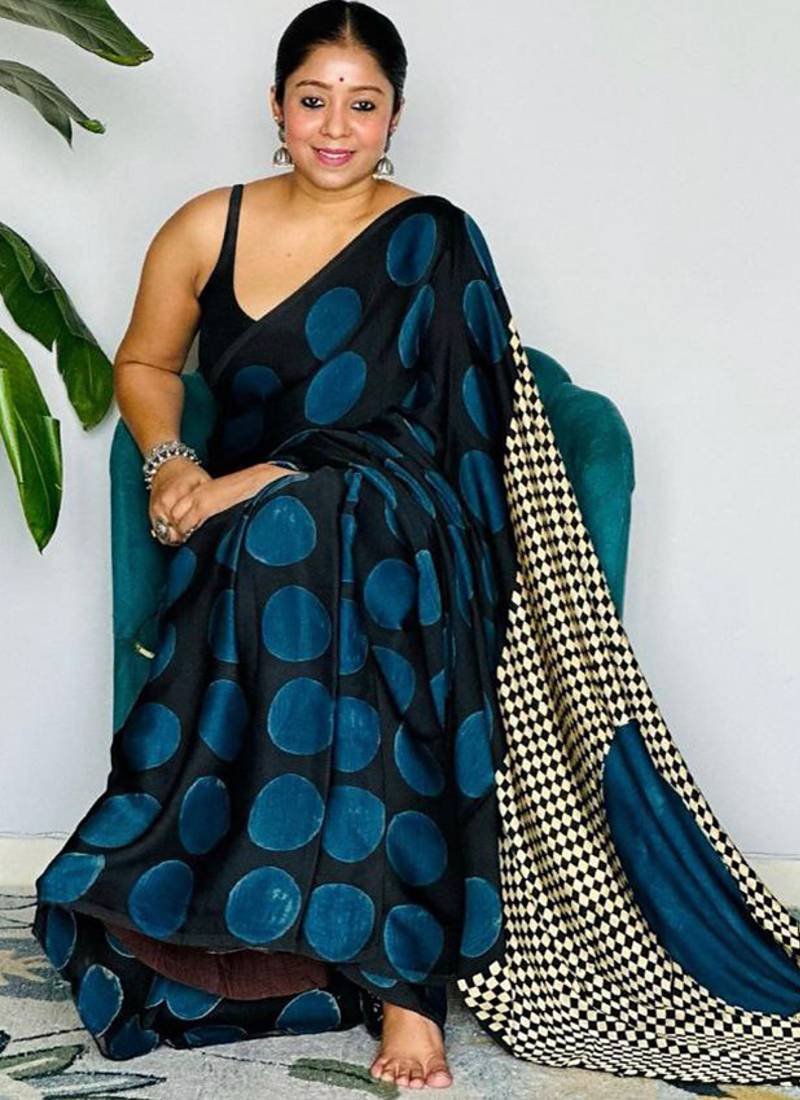 Black original japan devsena satin saree japan satin digital print blouse
