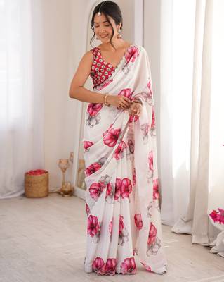 white silk blend digital printed saree with swarovski diamond work & blouse piece 4