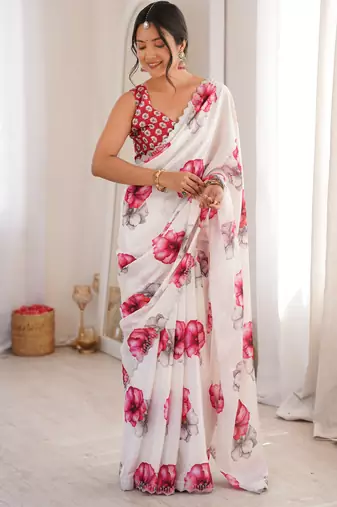 white silk blend digital printed saree with swarovski diamond work & blouse piece
